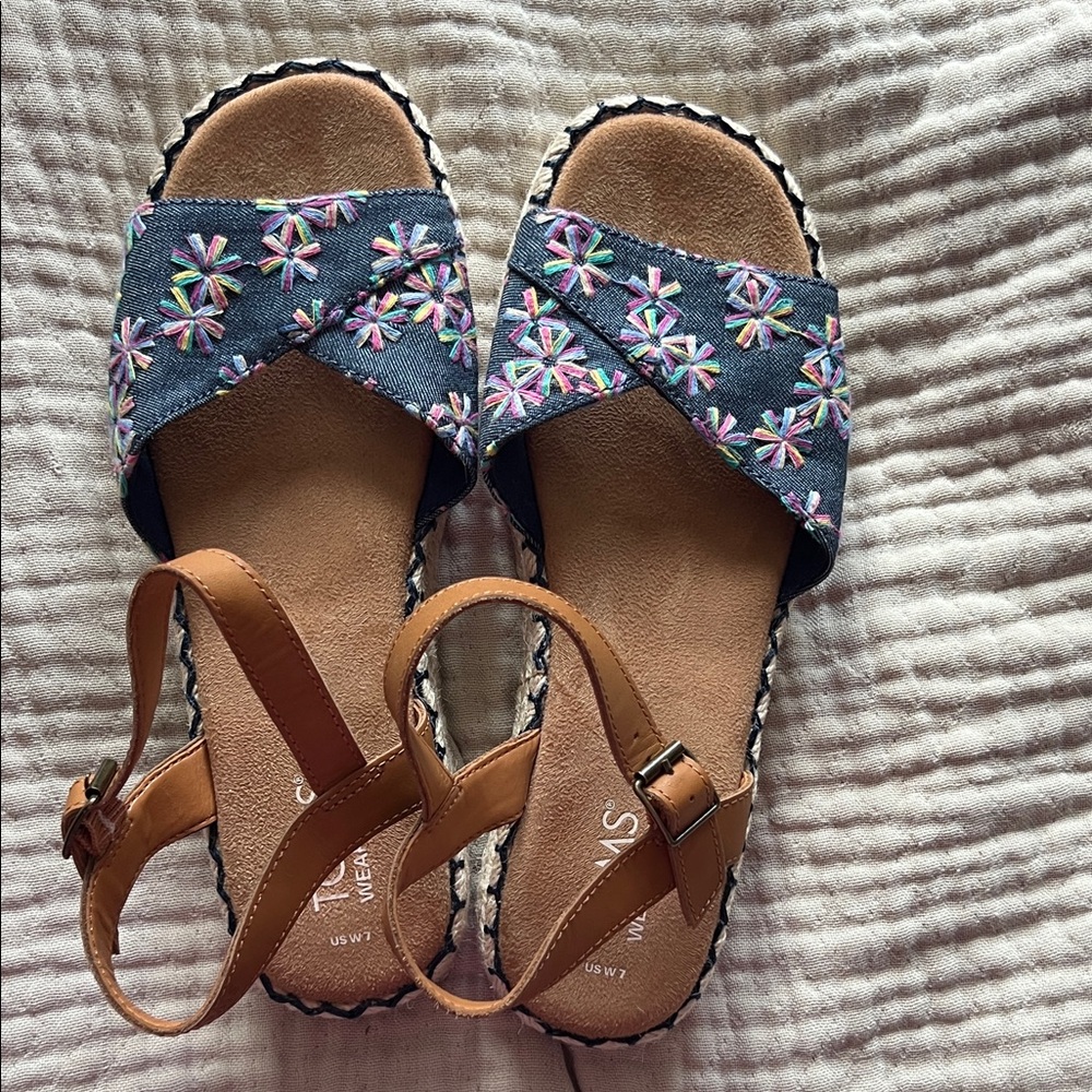 Toms Blue Embroidered Crossband Sandals with Tan Straps